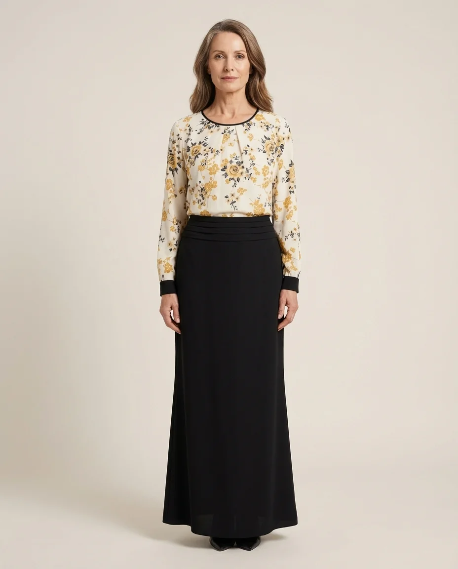 Conjunto Via Caruso Blusa Floral e Saia Preta