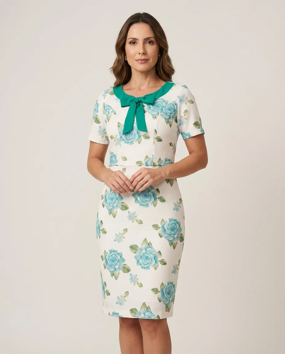 Vestido Tubinho Floral com Laço Verde Via Caruso