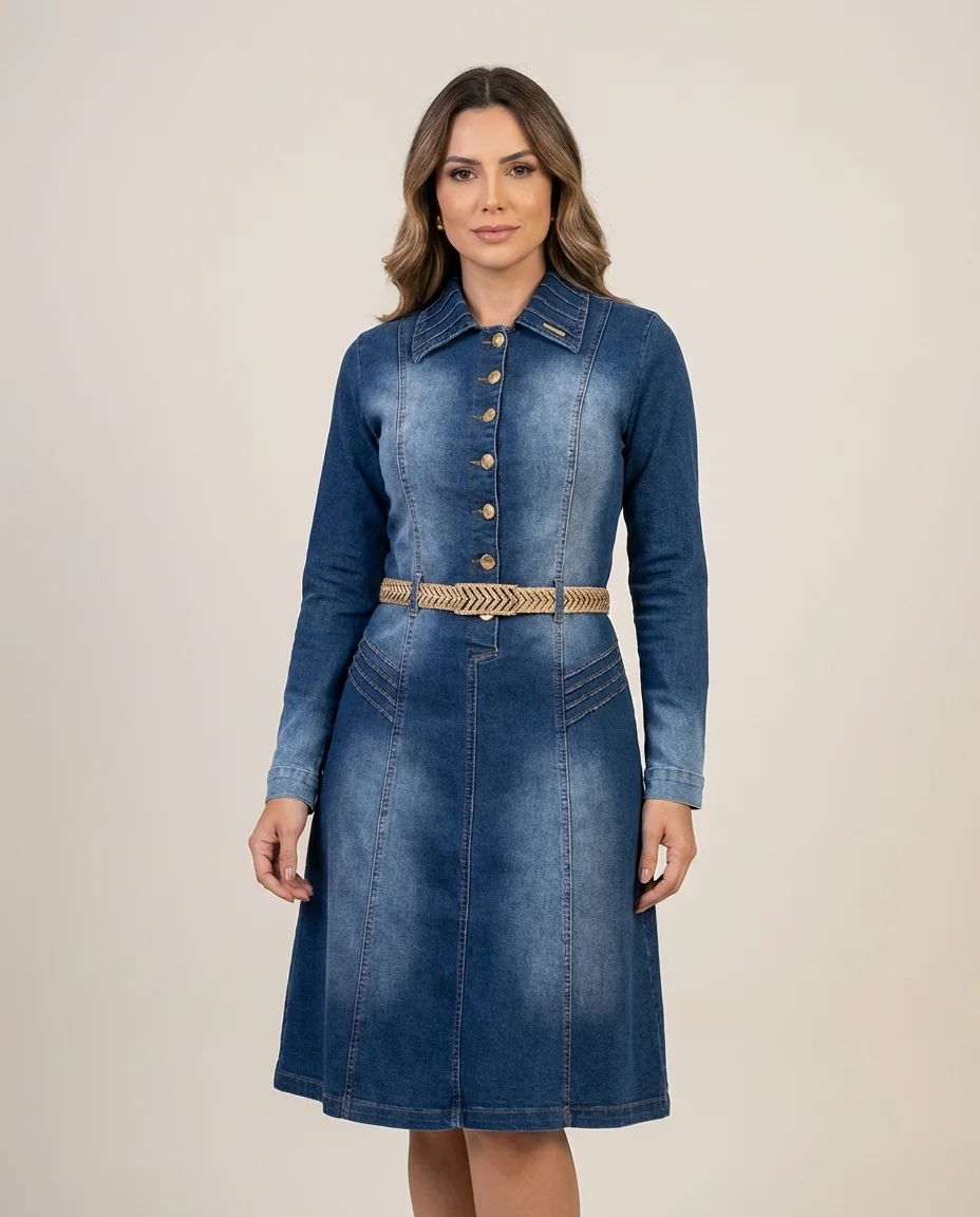 Vestido Jeans Chemise Via Tolentino com Cinto