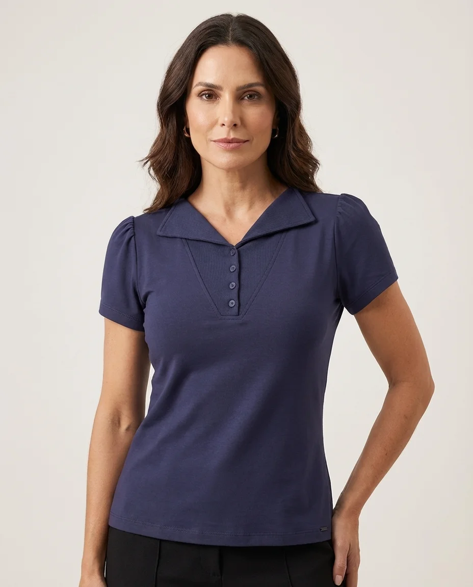 Blusa Gilda Hapuk Azul Marinho com Gola Polo