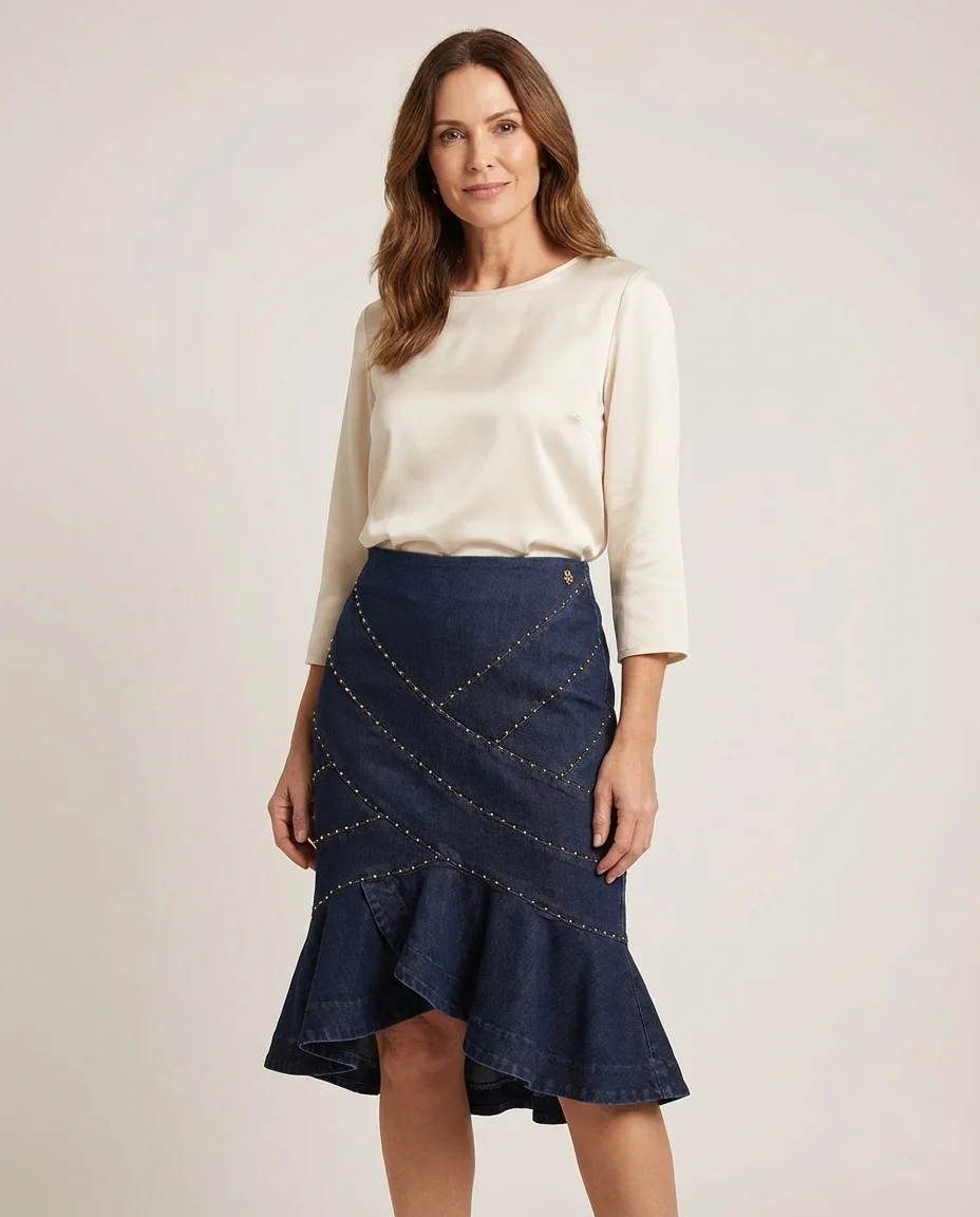 Saia Jeans Midi com Babado e Tachas Via Tolentino