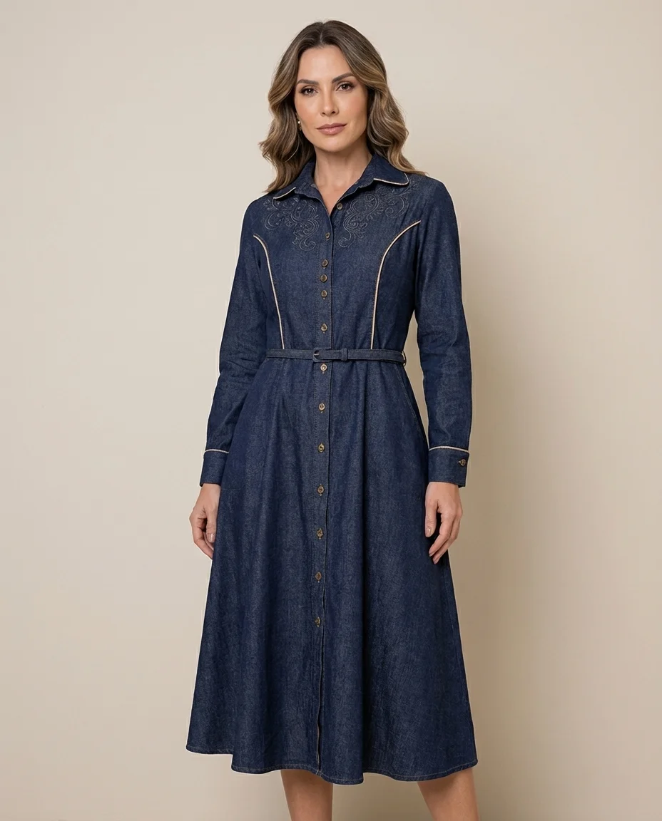 Vestido Jeans Bordado com Cinto Via Tolentino