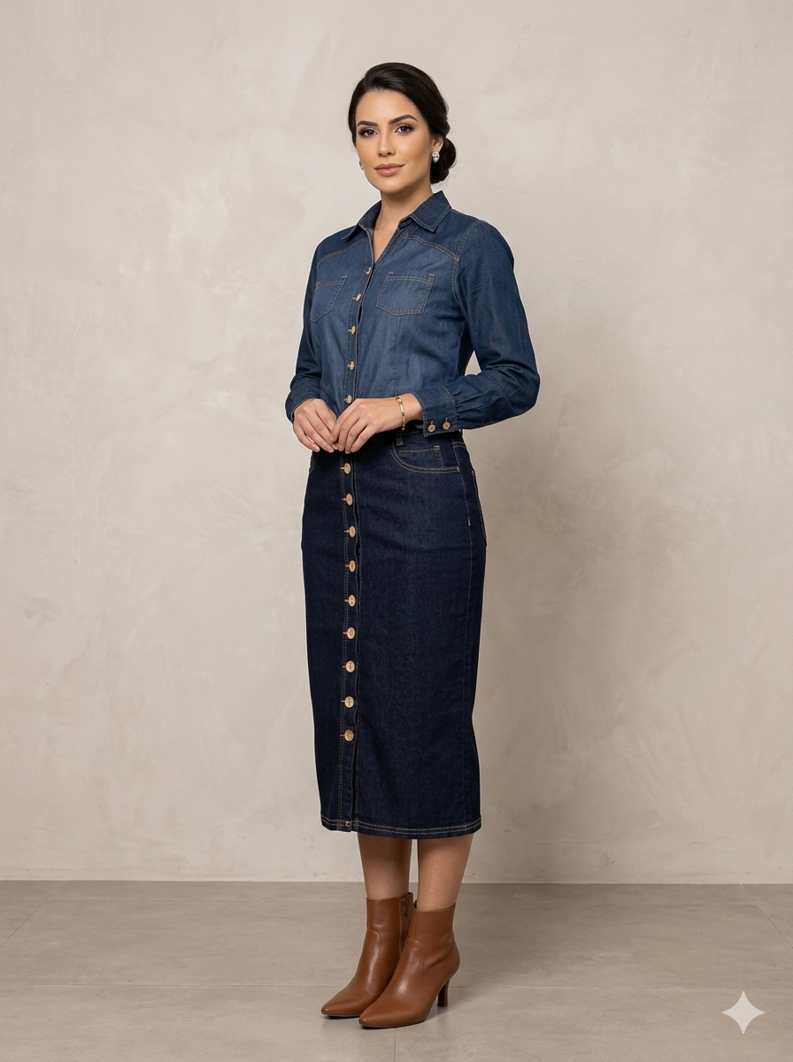 Vestido Jeans Bicolor com Botões Via Tolentino