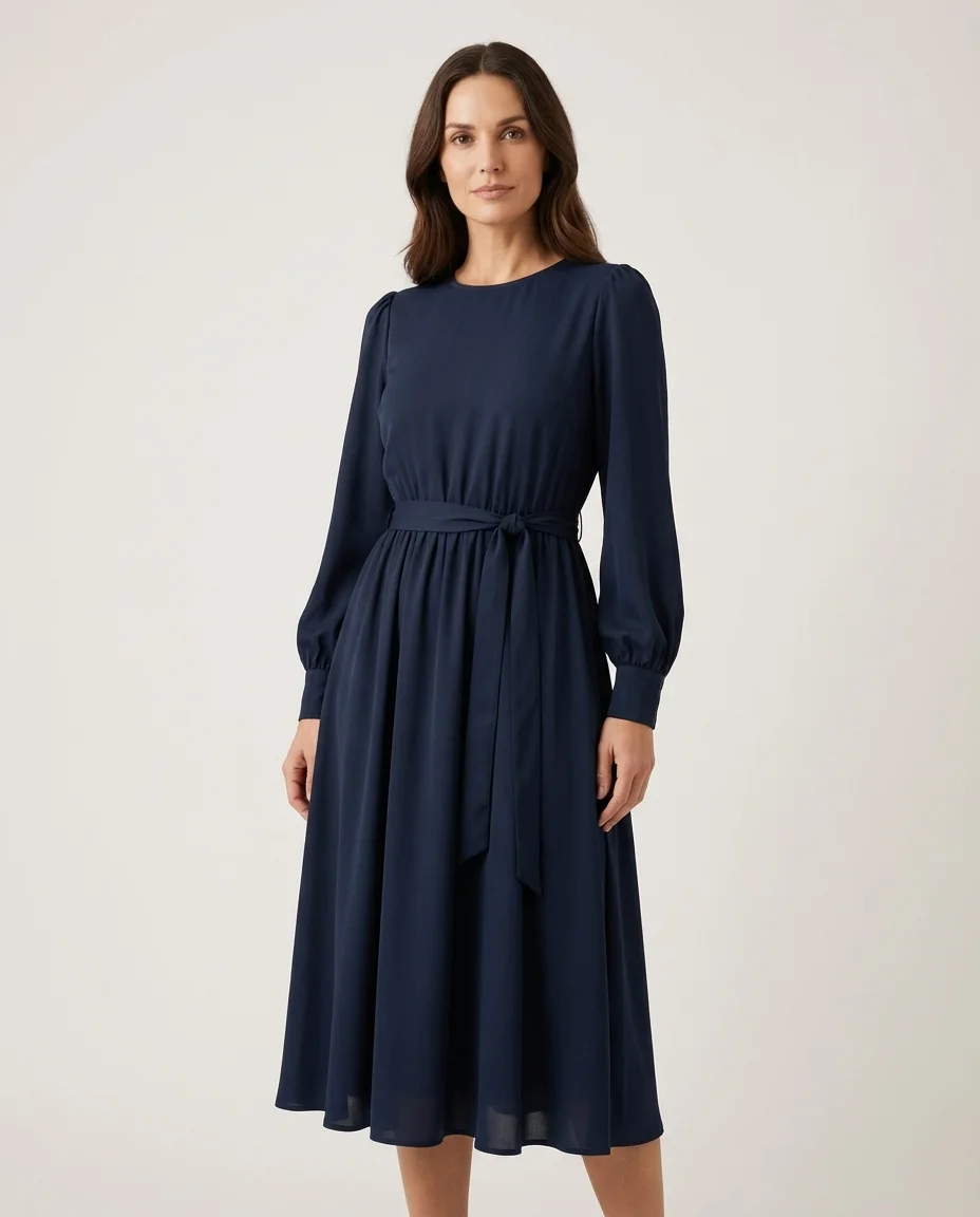 Vestido Hanoi Azul Marinho Manga Longa