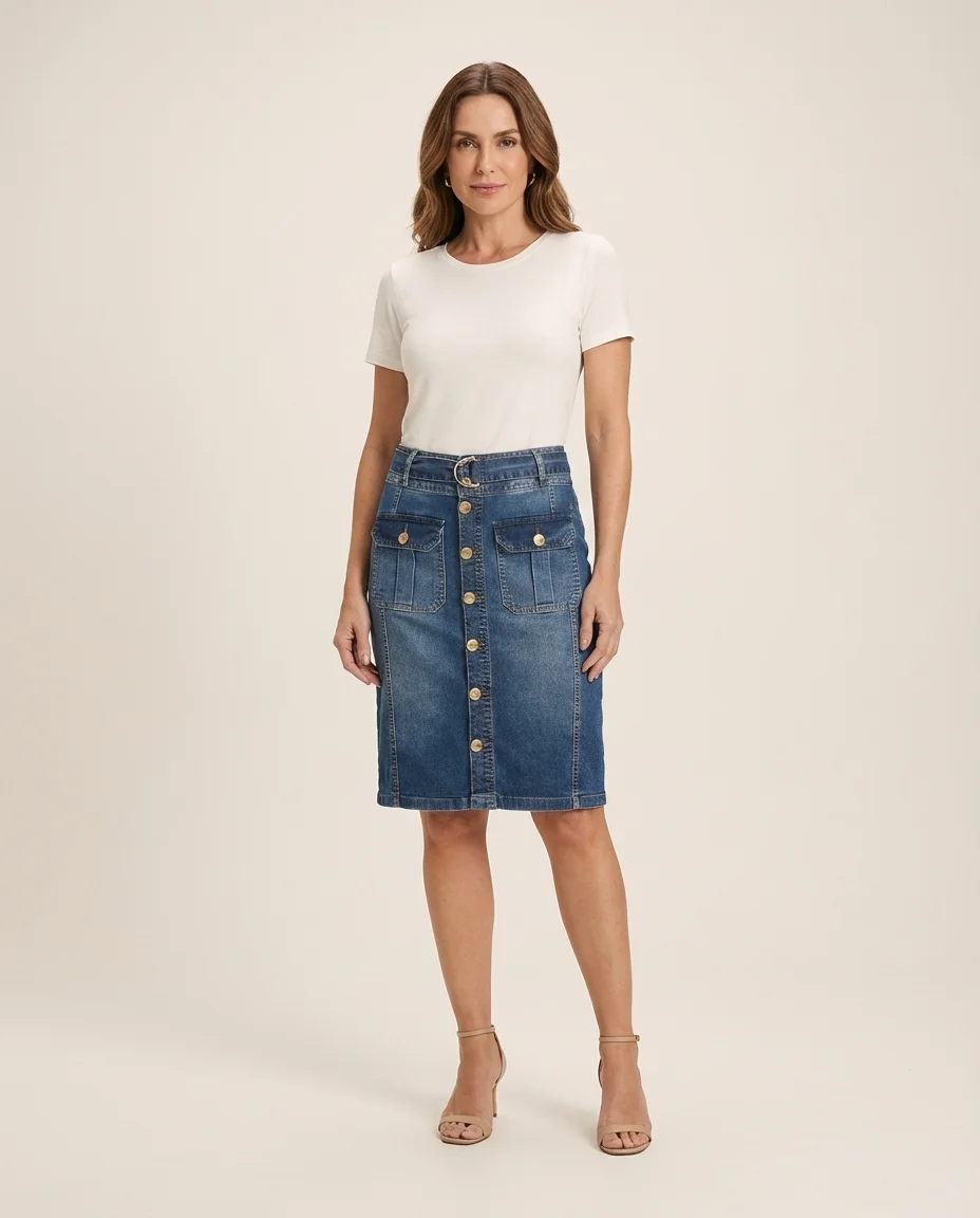 Saia Jeans Via Tolentino com Cinto e Botões Frontais