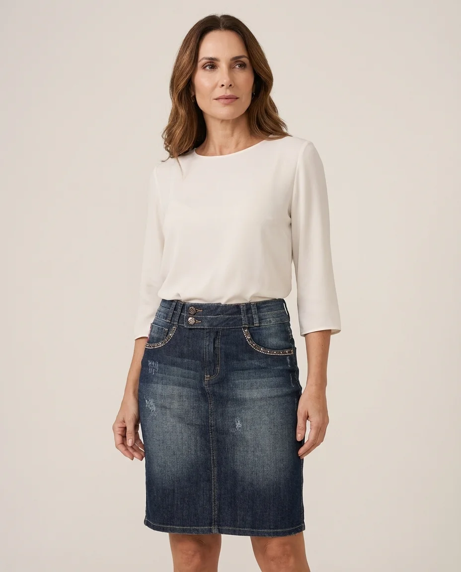 Saia Jeans Denuncia com Bordado e Aplicações Manu