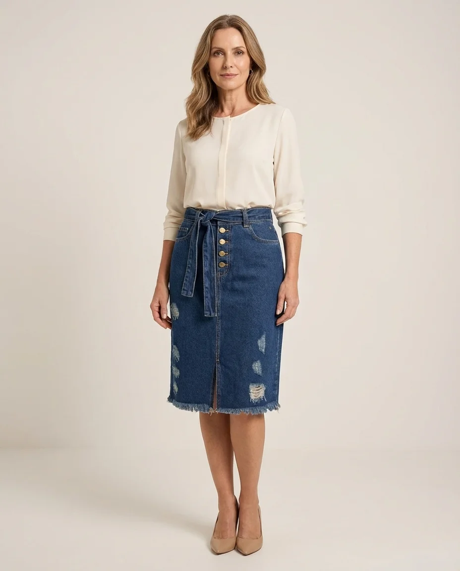 Saia Jeans Midi com Cinto e Botões Frontais