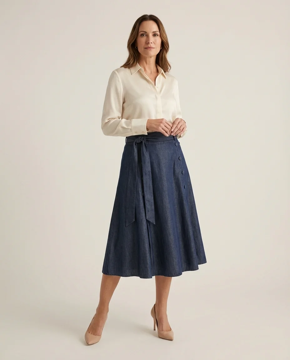 Saia Midi Evasê Jeans Leve com Botões e Faixa
