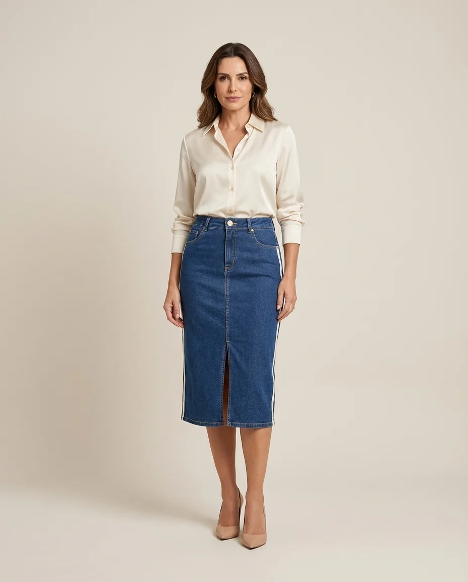 Saia Jeans Midi Via Tolentino com Faixa Lateral