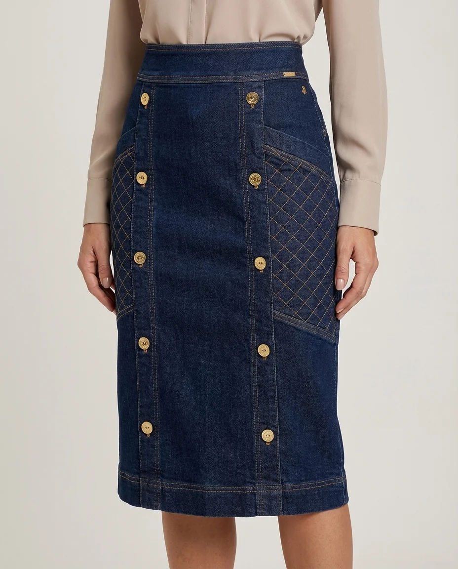 Saia Jeans Midi com Botões Dourados e Matelassê