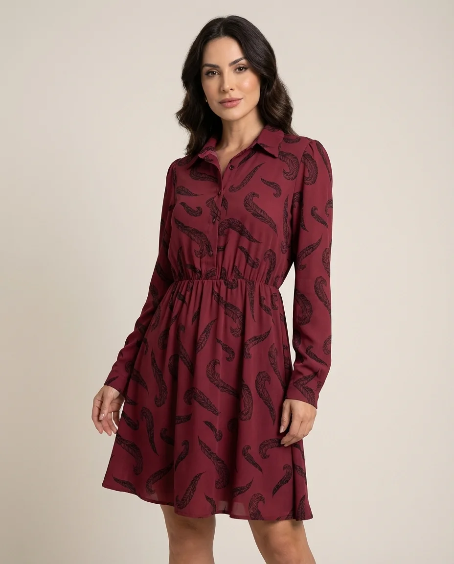 Vestido Chemise Estampado Plumas Bordeaux