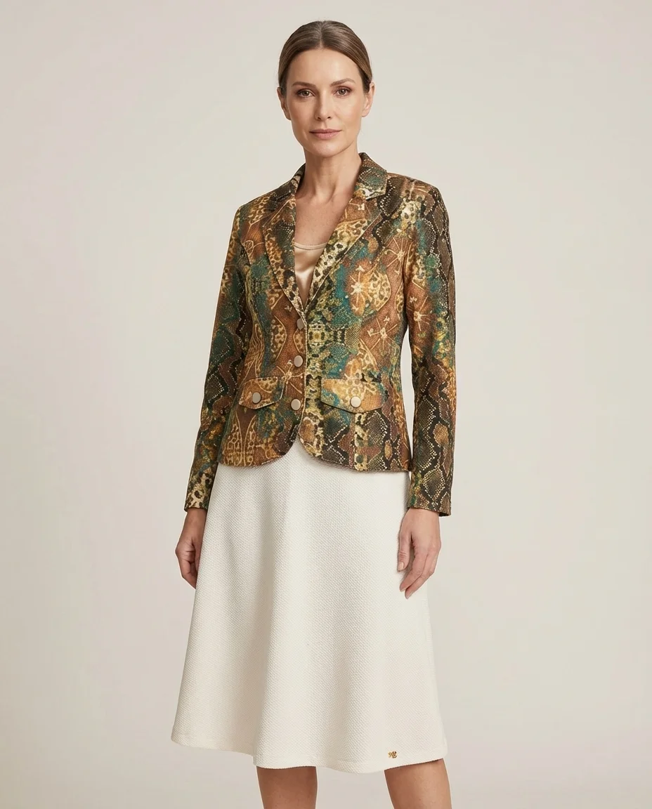 Conjunto Via Caruso Blazer Estampado com Saia Off White
