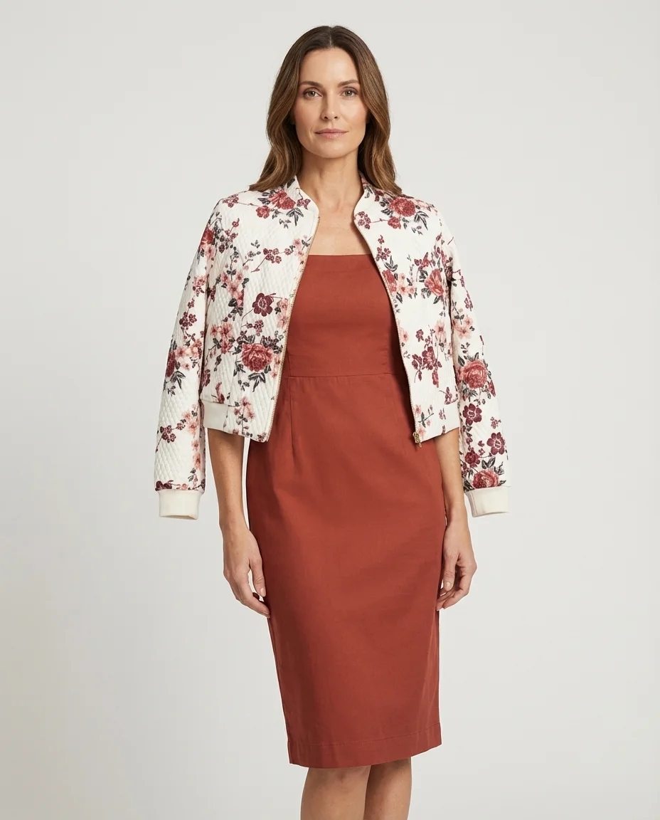 Conjunto com Jaqueta Floral Matelassê e Vestido Terracota