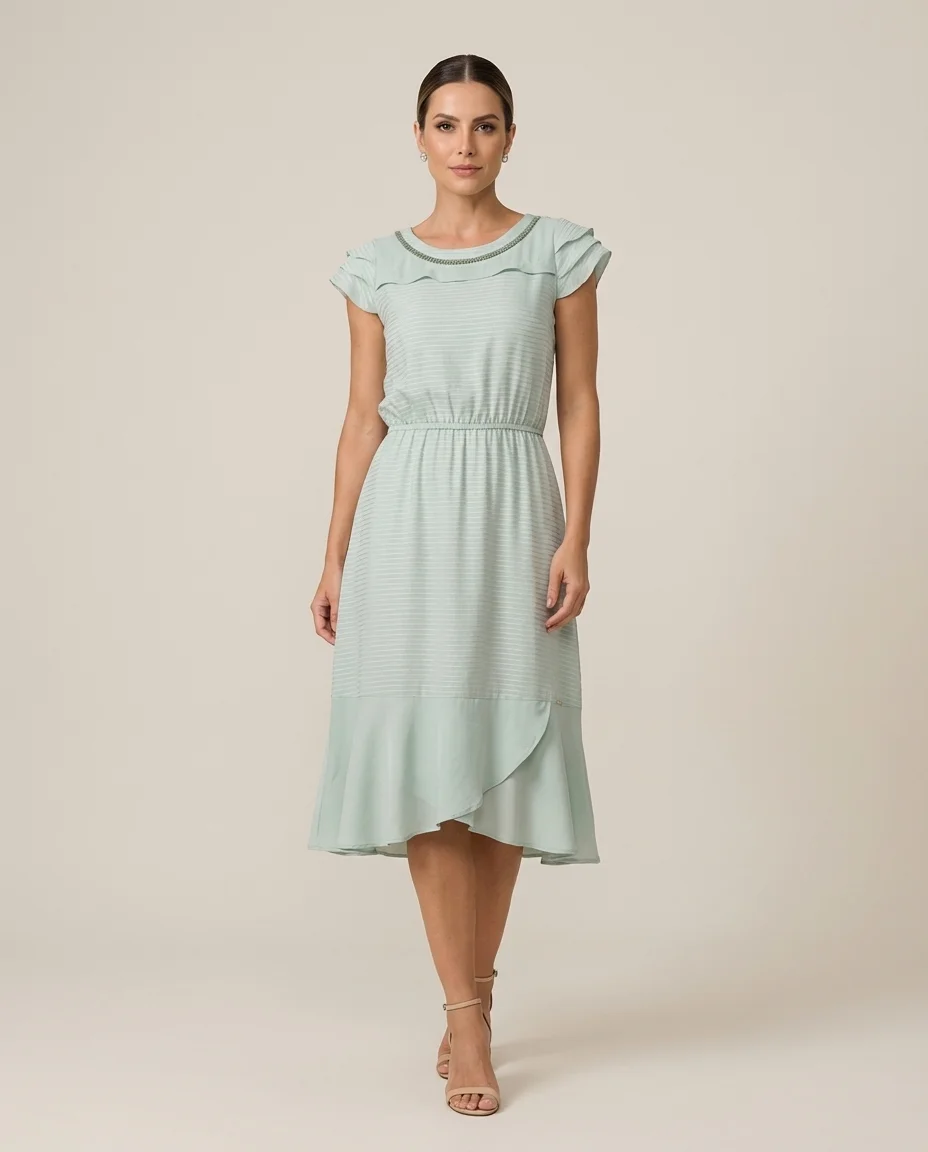 Vestido Listrado Verde Menta com Babados Via Caruso