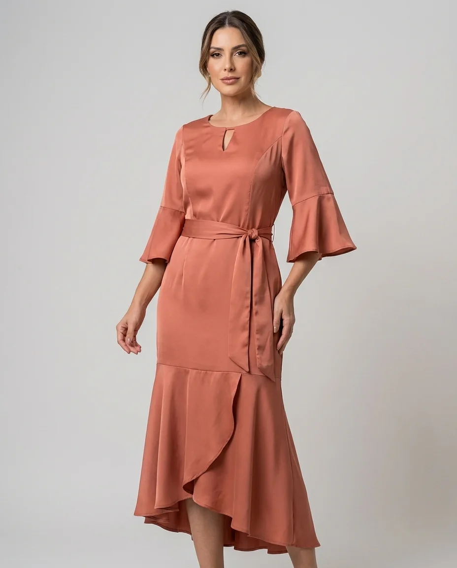 Vestido Longuete Elegance com Babado e Mangas Flare