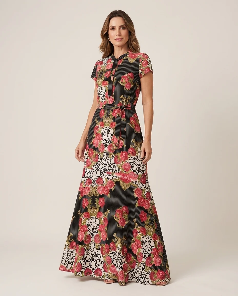 Vestido Longo Estampado em Crepe Suíço