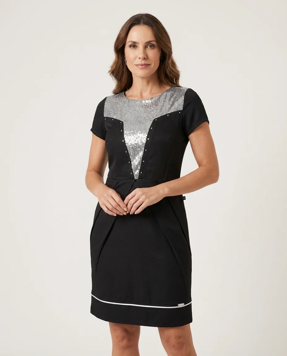 Vestido Preto com Detalhe em Paetê Prata Via Caruso