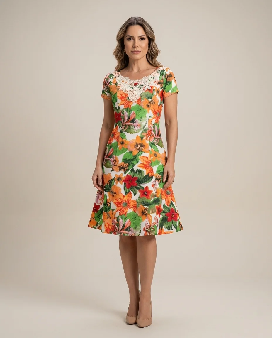 Vestido Floral Via Caruso com Renda no Decote
