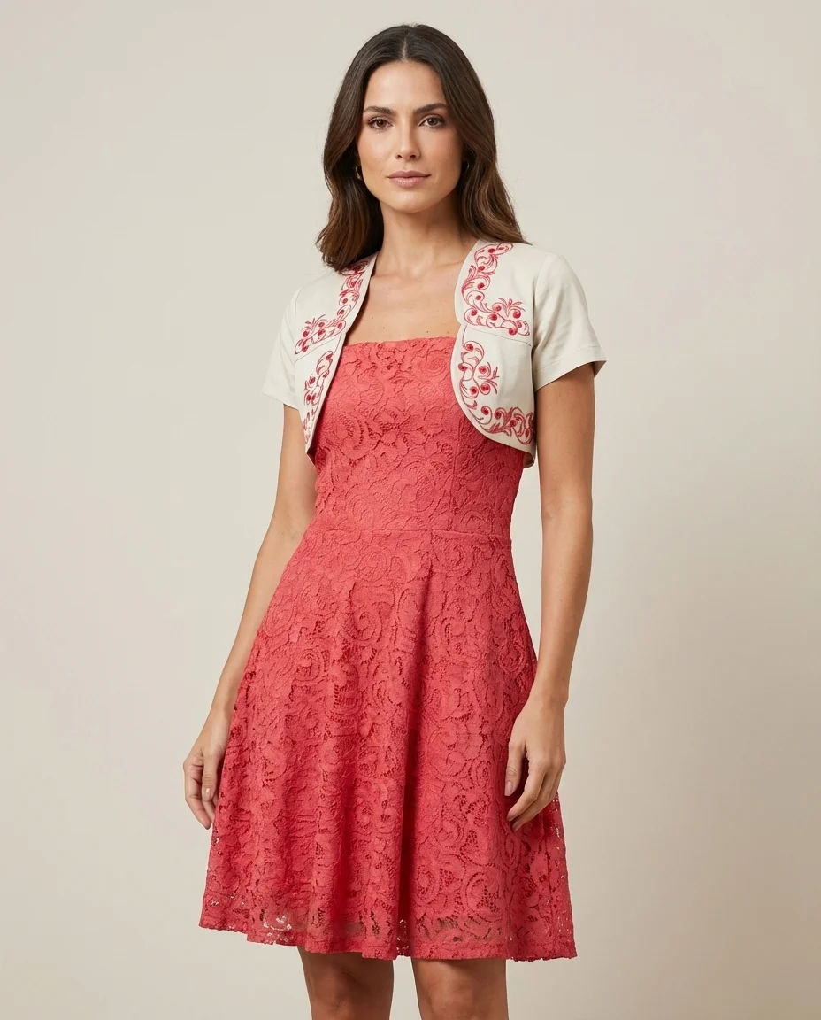 Conjunto Via Caruso Vestido em Renda Salmão e Bolero Bordado
