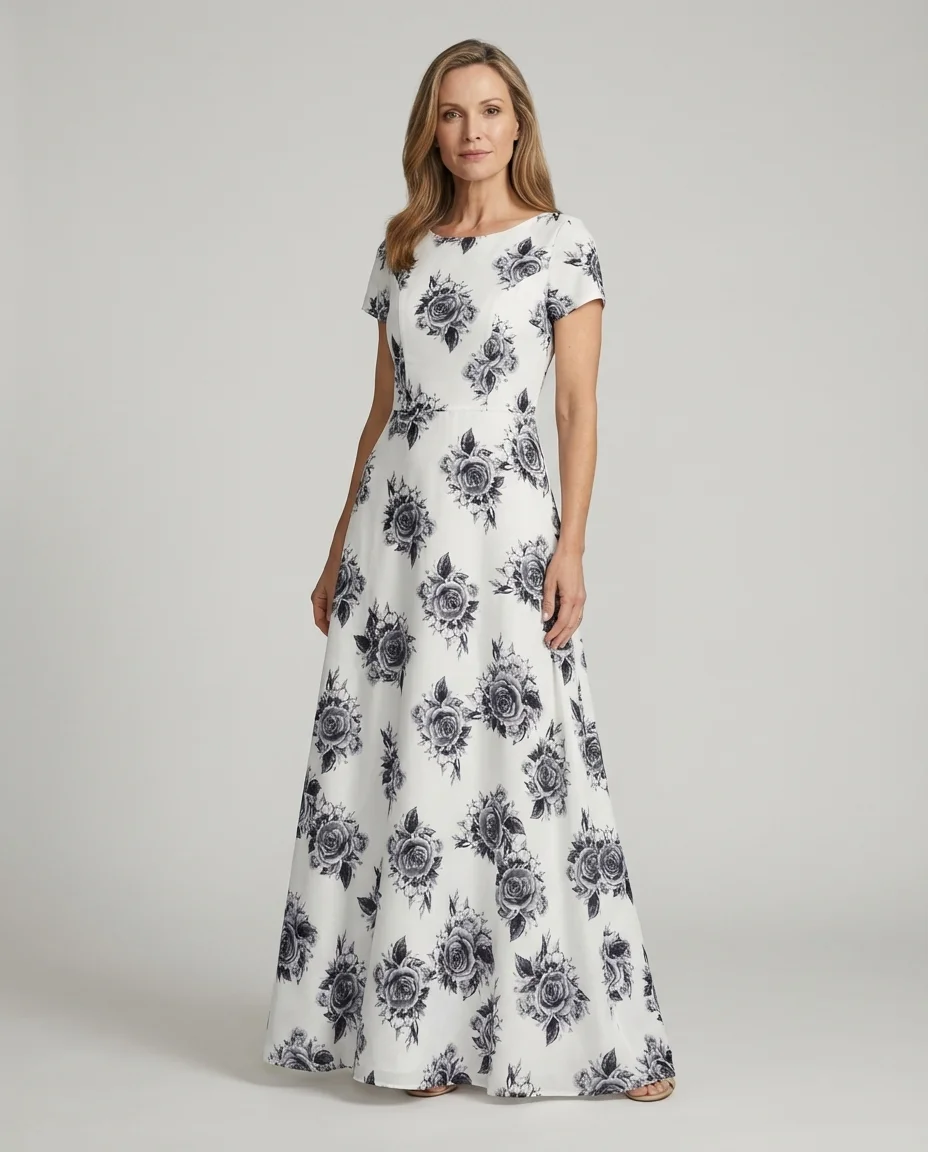 Vestido Longo Via Caruso com Estampa Floral P&B