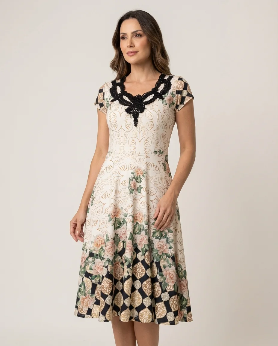 Vestido Anabela Estampado com Detalhe em Renda