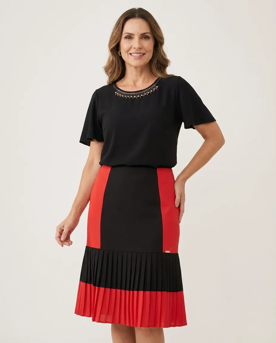 Conjunto Via Caruso Bicolor com Saia Plissada