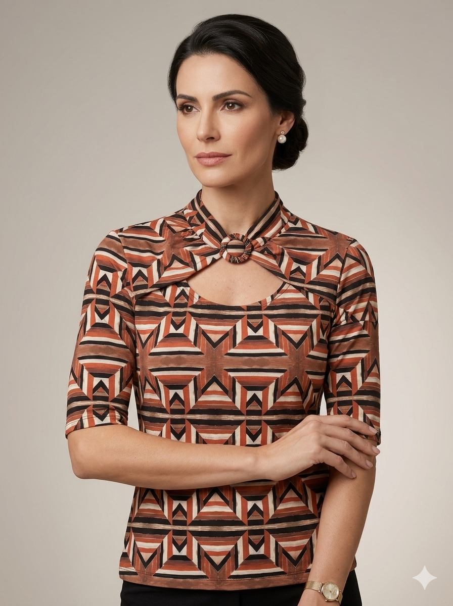 Blusa Via Tolentino Estampa Geométrica com Gola Laço