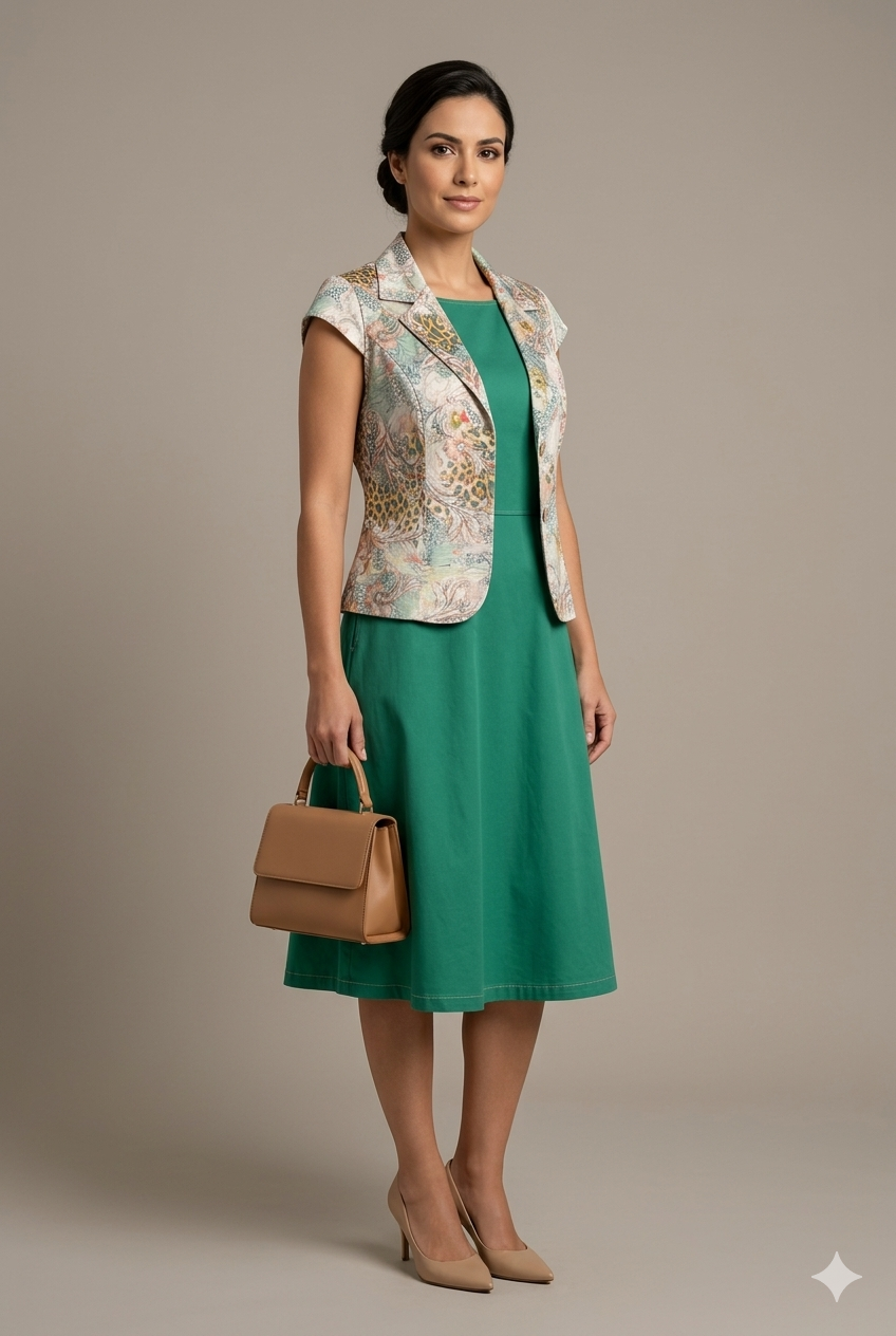 Conjunto Vestido Verde e Casaqueto Estampado Via Tolentino