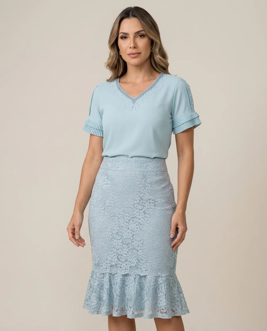 Conjunto Fasciniu's Saia Renda Babado e Blusa com Pérolas Azul
