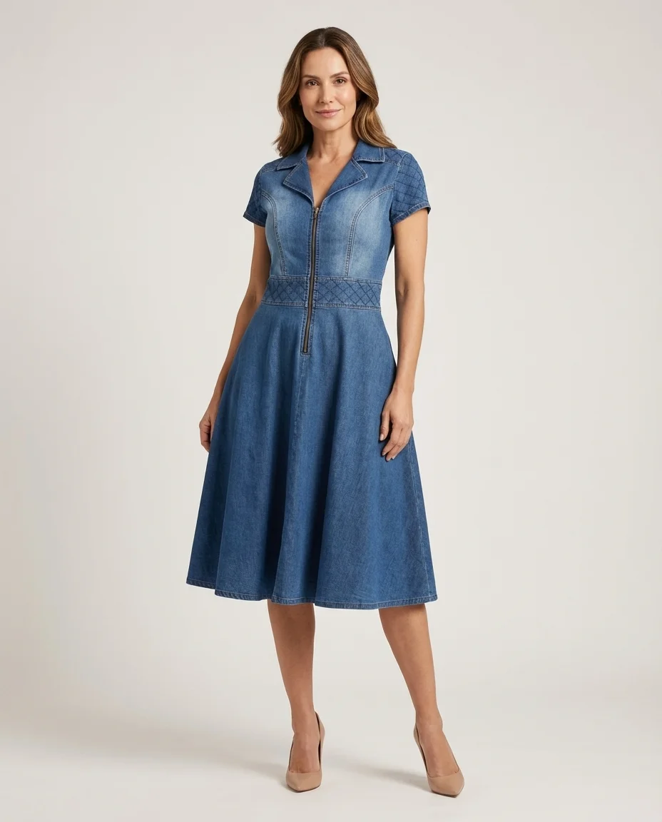 Vestido Jeans Midi com Zíper Frontal Via Tolentino