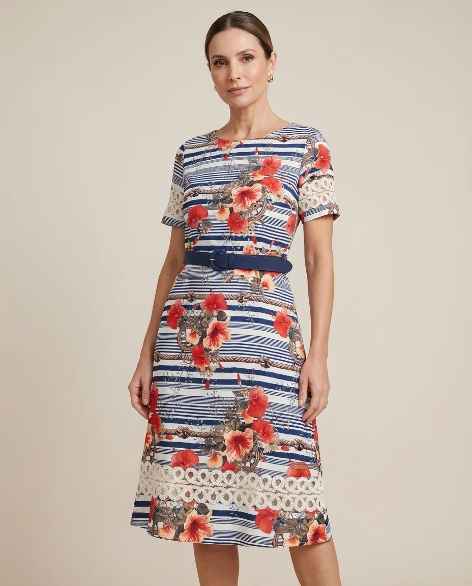 Vestido Via Tolentino Estampa Náutica Floral com Cinto