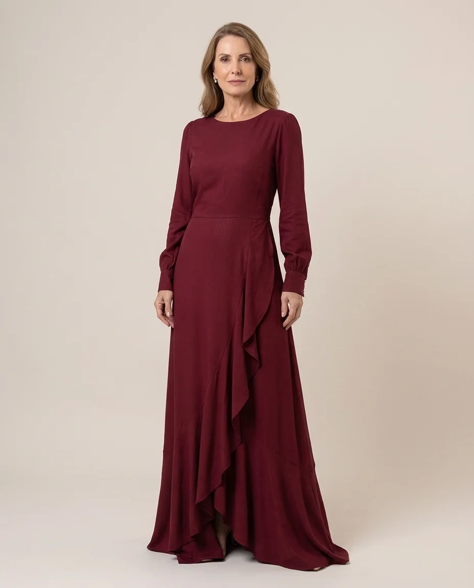 Vestido Longo Via Tolentino com Babado Cascata Marsala