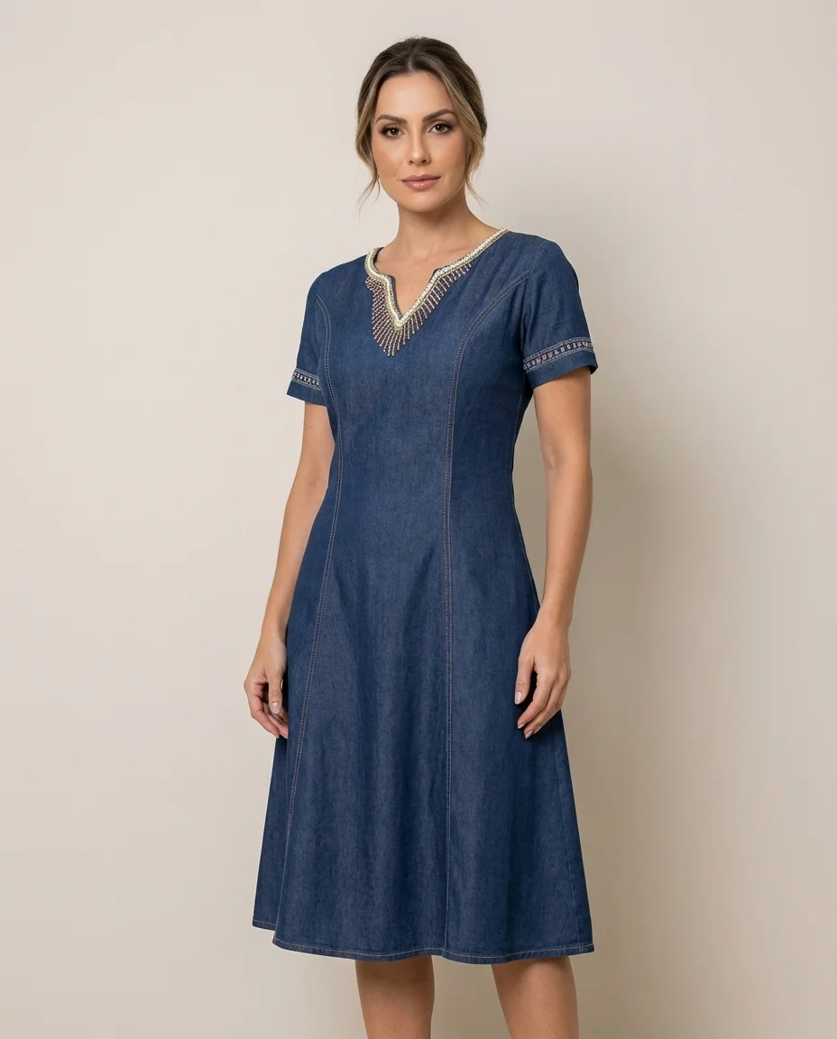 Vestido Midi Jeans D'Azul com Bordado no Decote