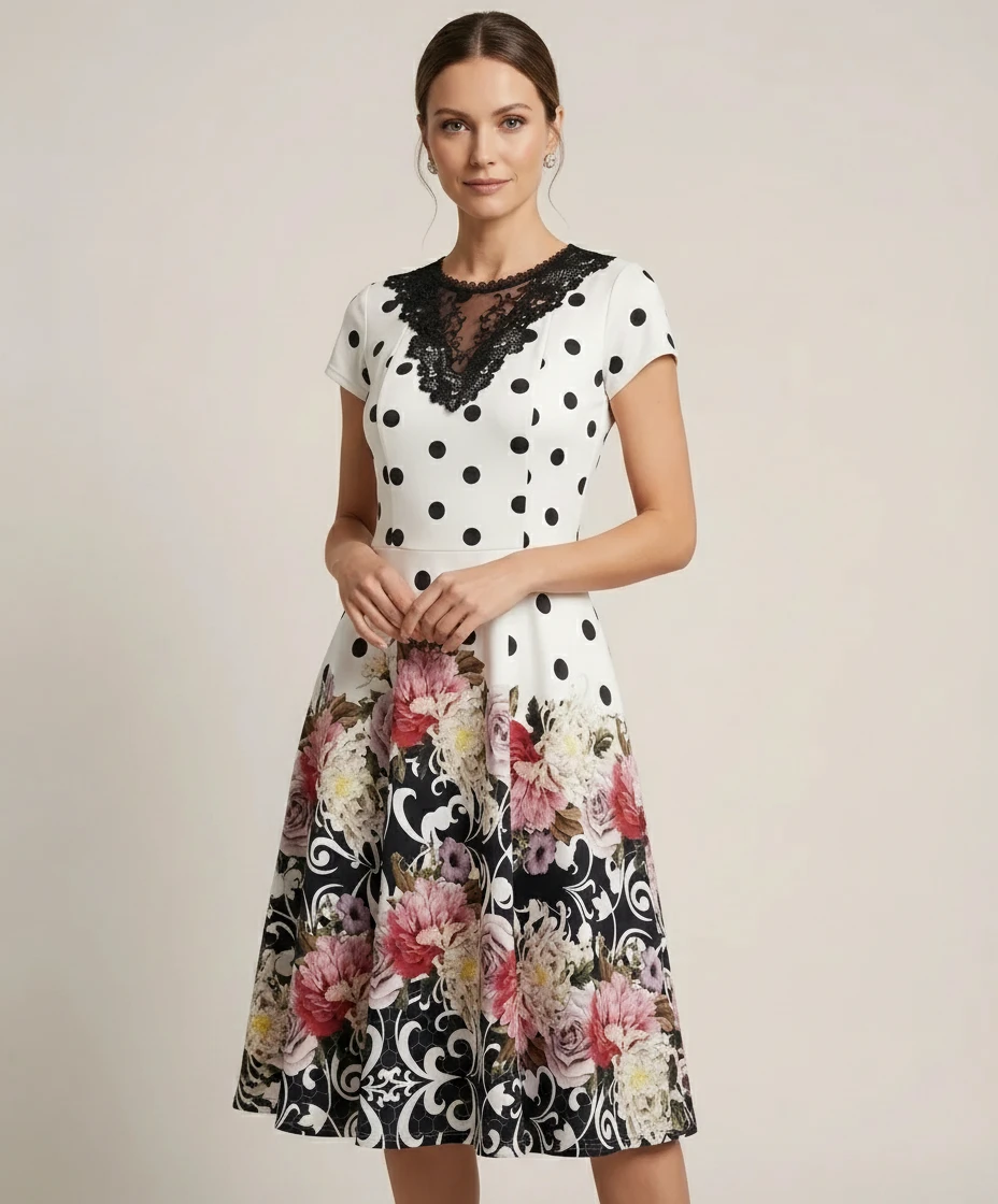 Vestido Rodado Poá com Estampa Floral e Renda