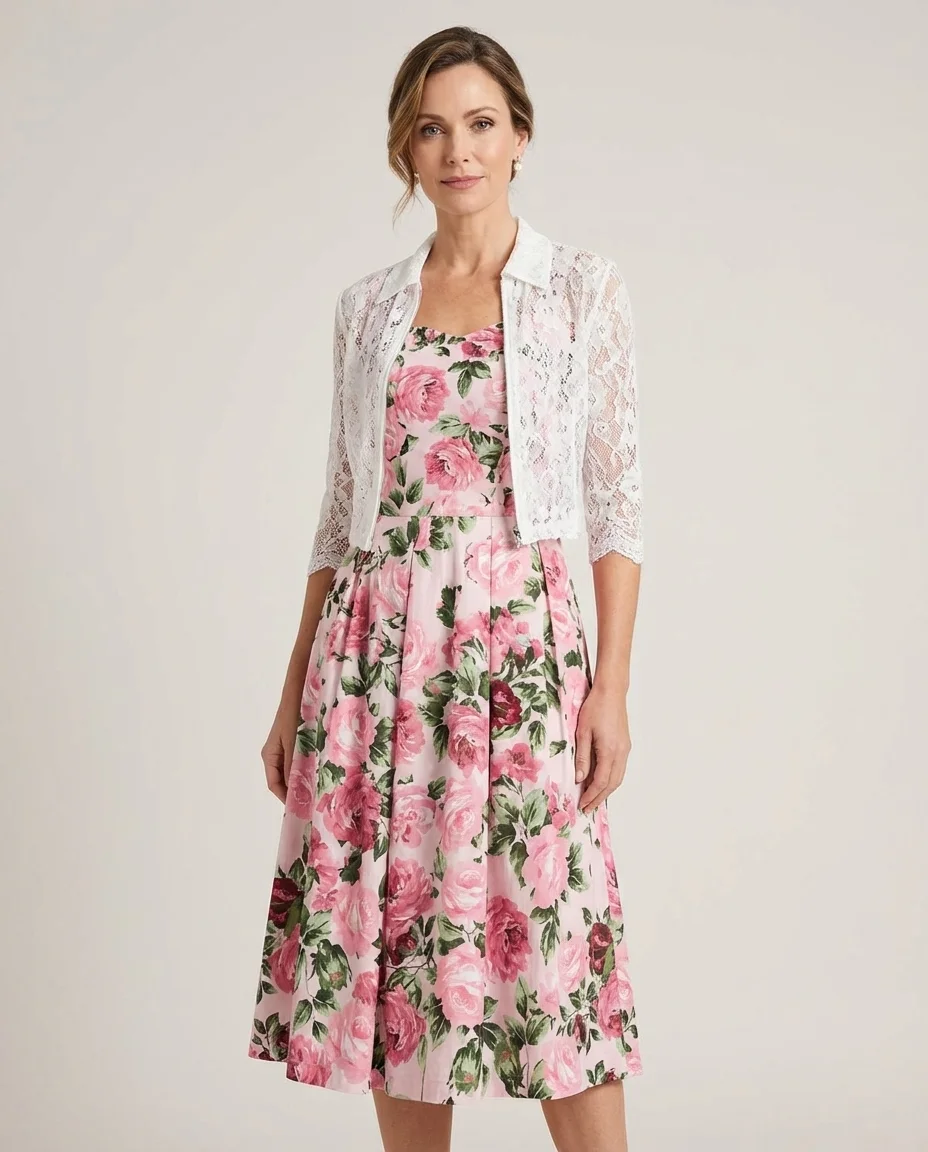 Conjunto Vestido Floral com Bolero de Renda Hapuk