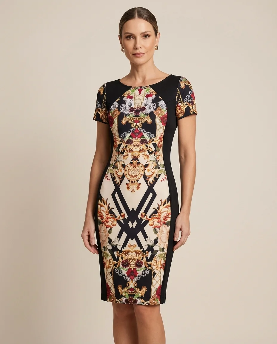 Vestido Tubinho D'azul com Estampa Barroca Sofisticada