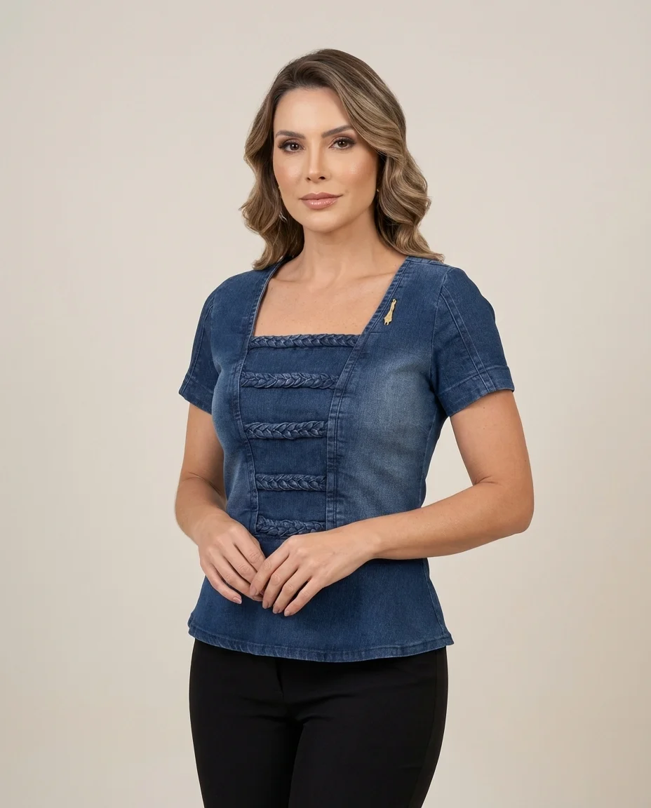 Blusa Jeans Via Tolentino com Detalhes Trançados