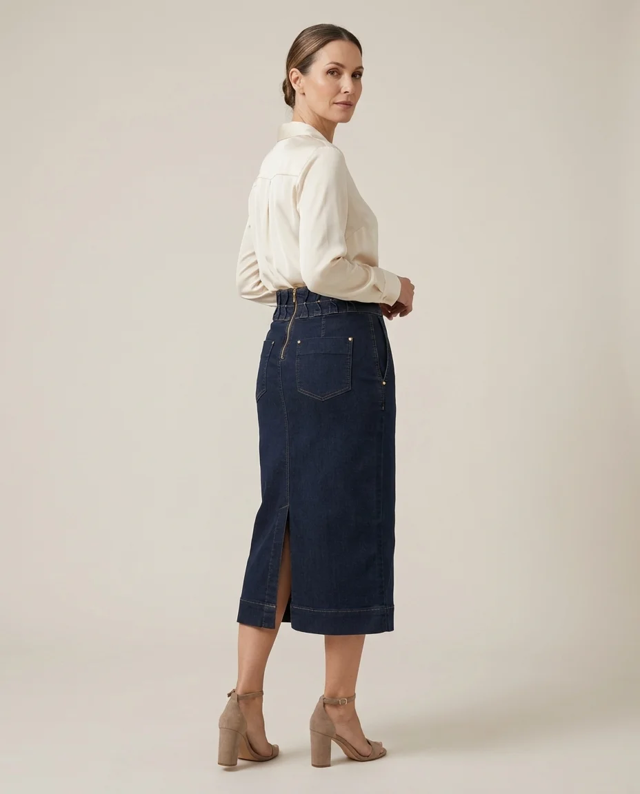 Saia Jeans Midi Via Tolentino com Zíper Traseiro