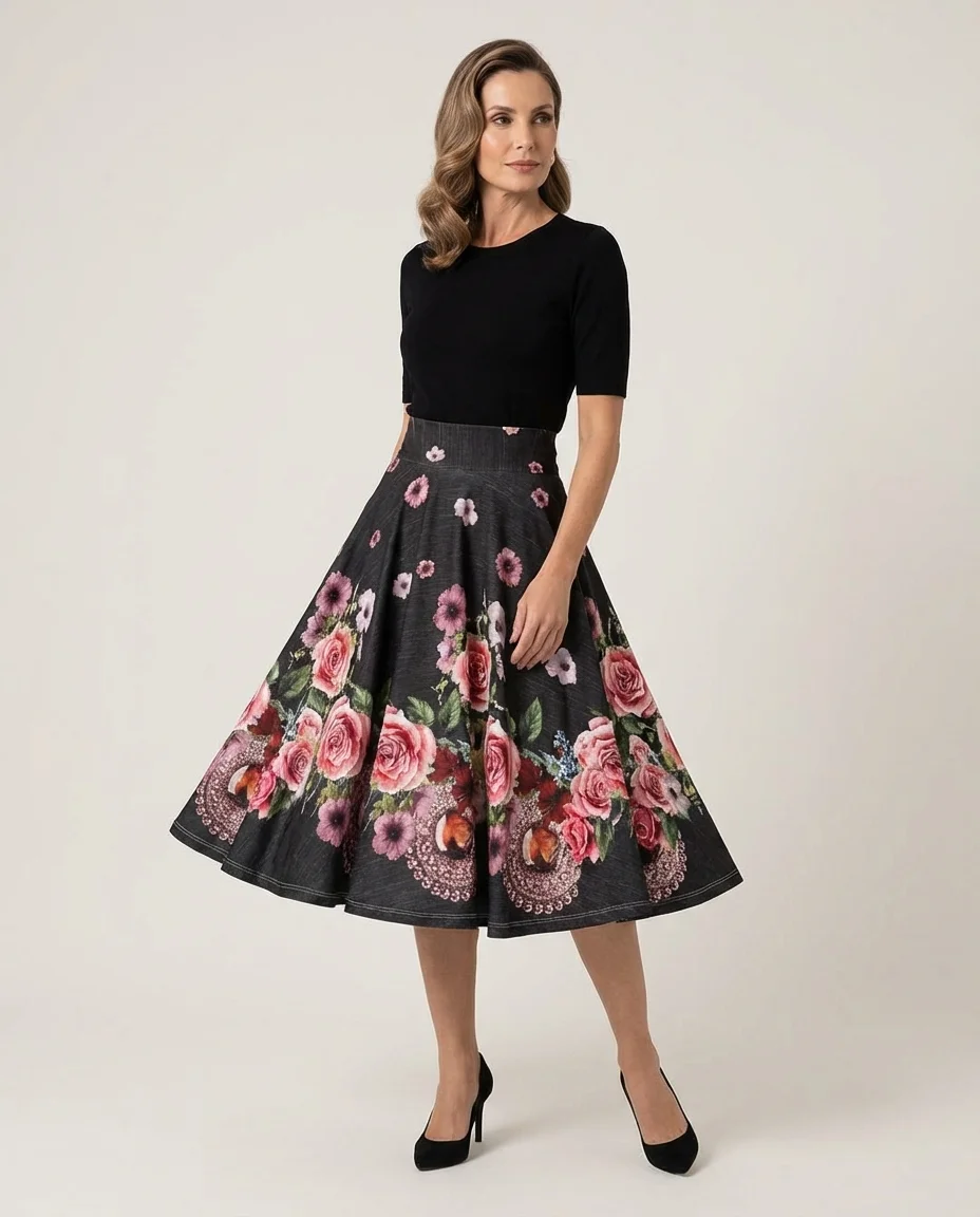 Saia Rodada Floral com Barrado de Joias
