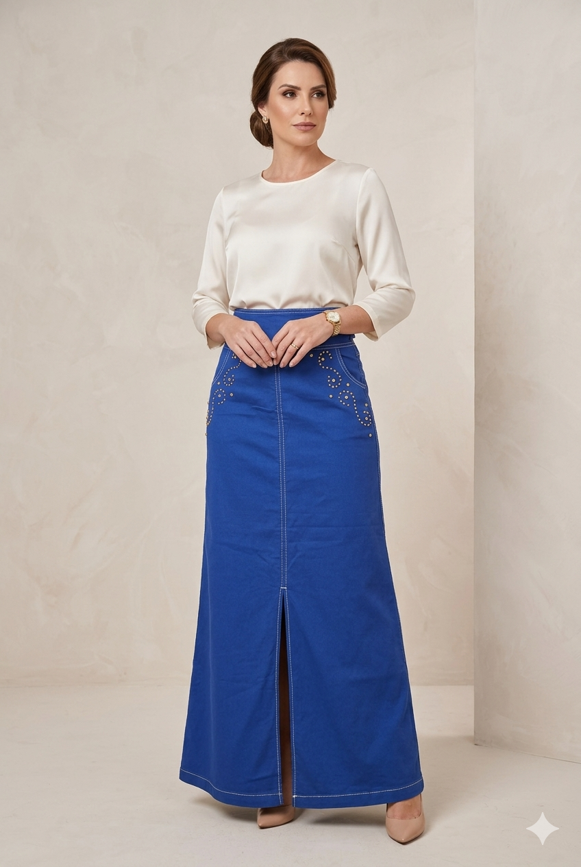 Saia Longa Jeans Color Azul Royal Luciana Pais
