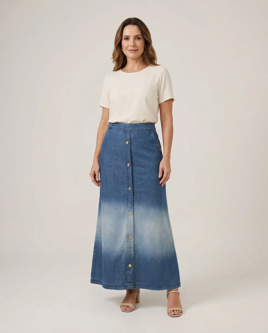 Saia Jeans Longa com Botões Frontais Via Caruso