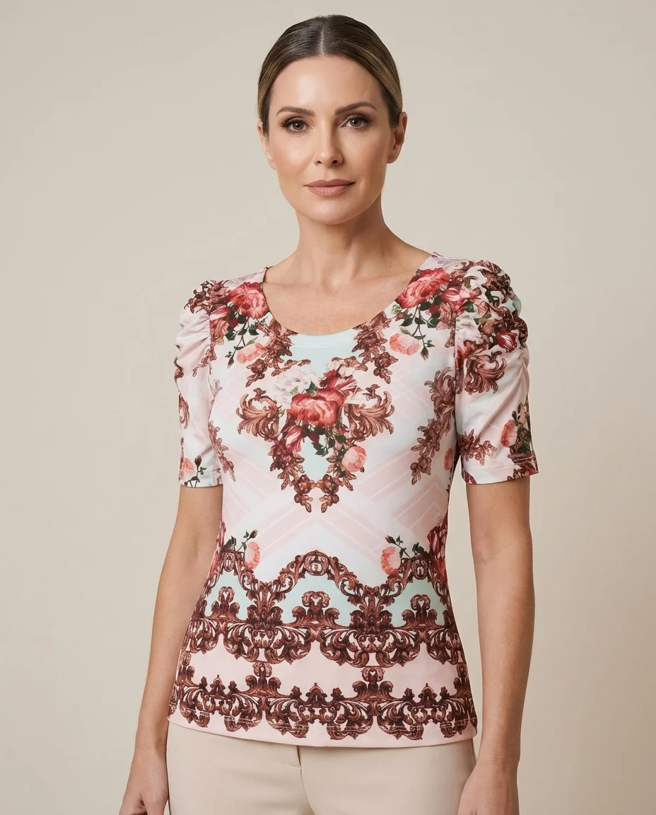 Blusa Estampada Via Tolentino com Mangas Franzidas