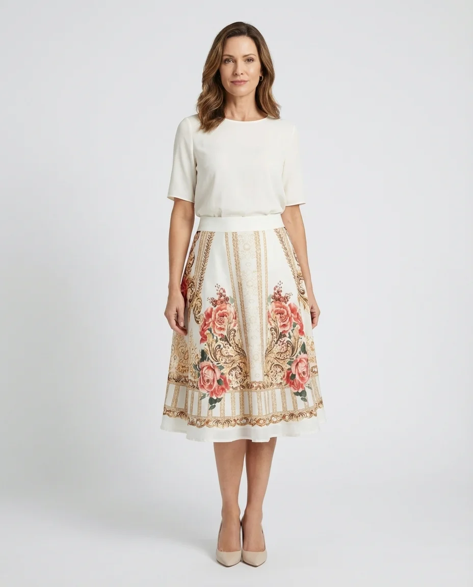 Saia Evasê com Estampa Floral Barroca