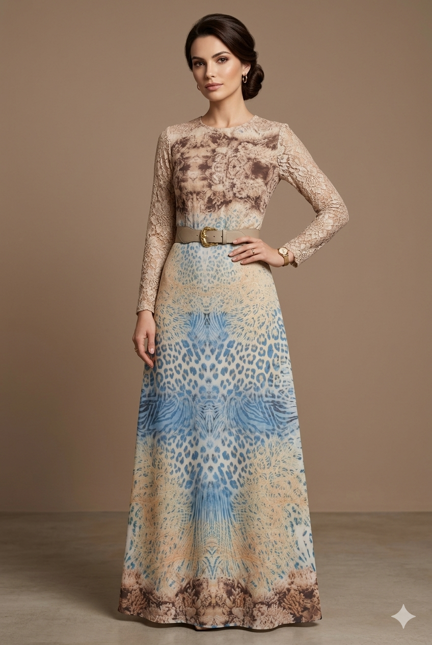Vestido Glamour Estampado com Renda Via Tolentino