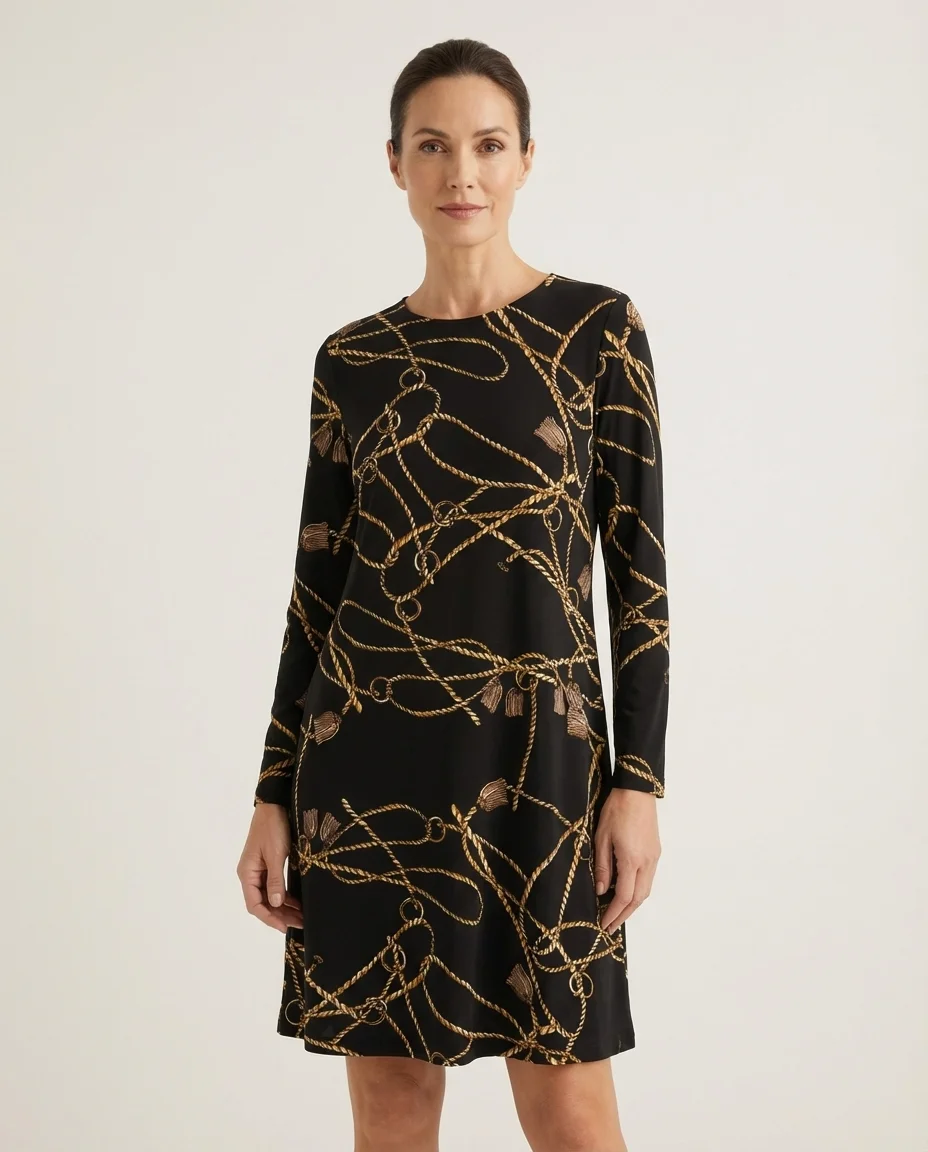 Vestido Clássico Estampa Correntes Manga Longa