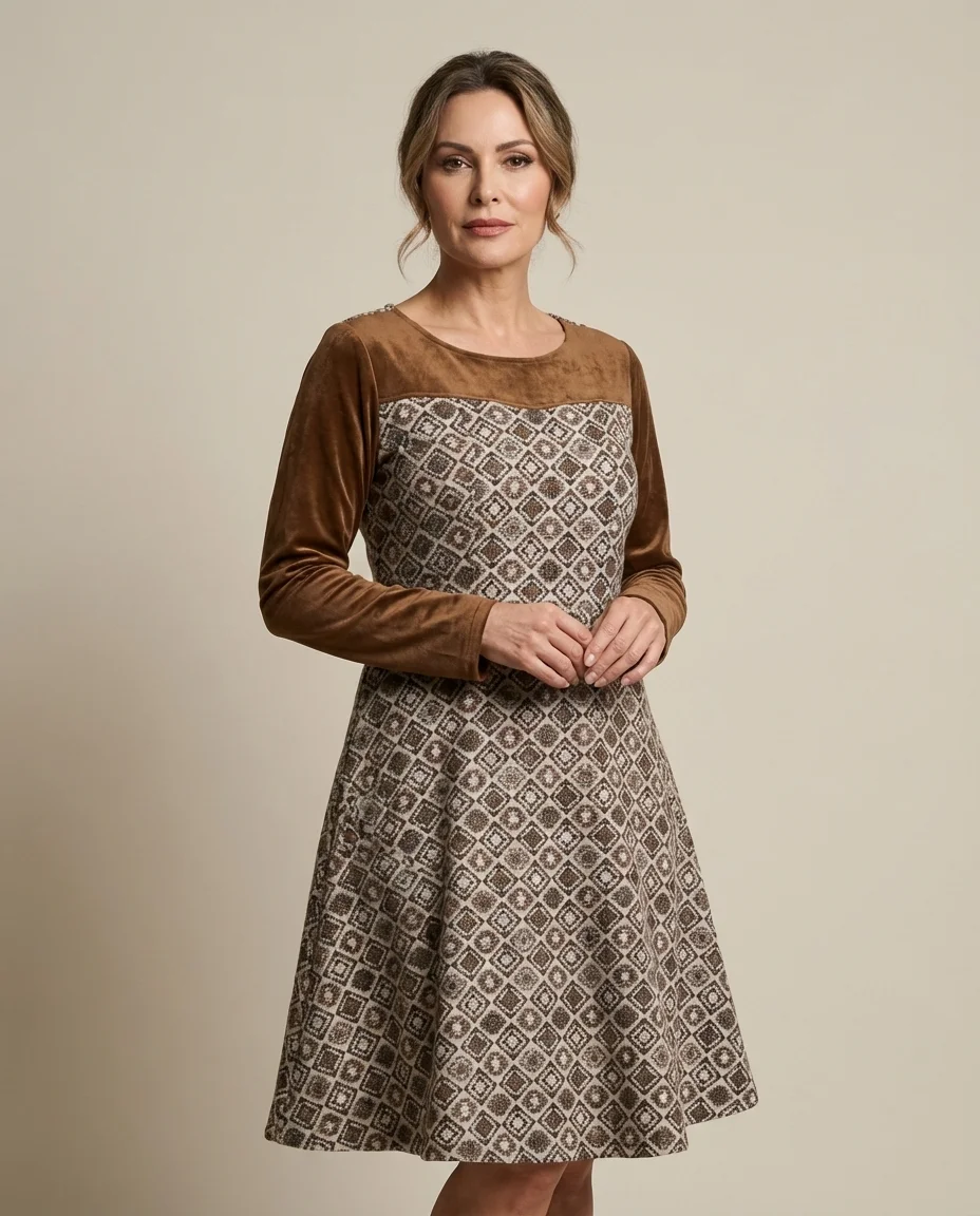 Vestido em Lãzinha com Detalhes em Veludo Marrom