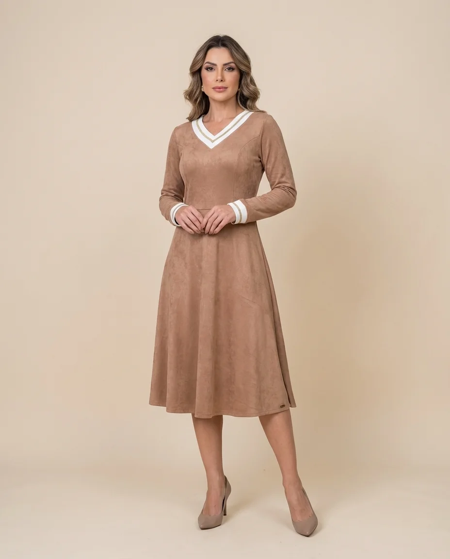 Vestido Hapuk Evasê em Suede com Detalhes Listrados