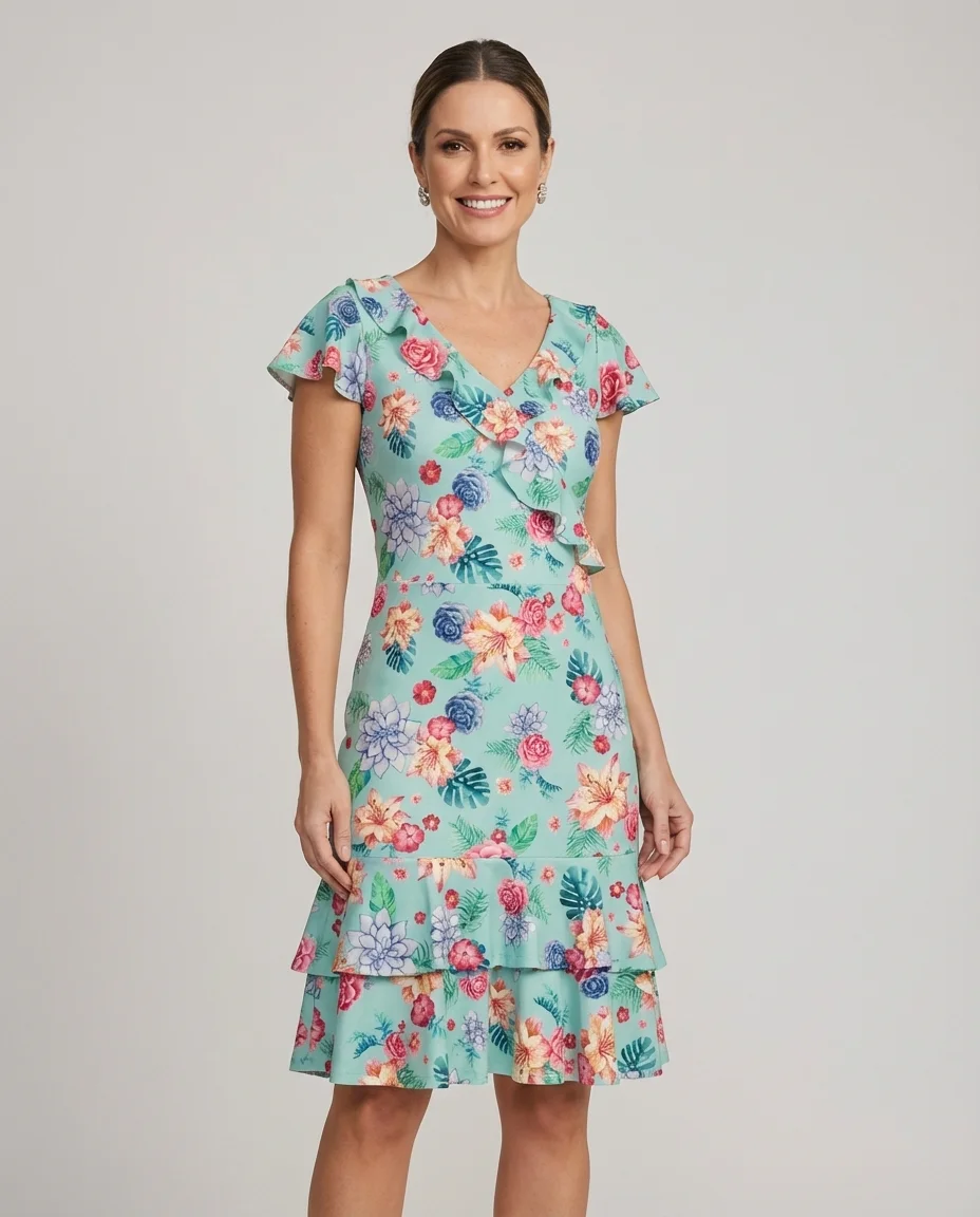 Vestido Tubinho Floral com Babados Via Caruso