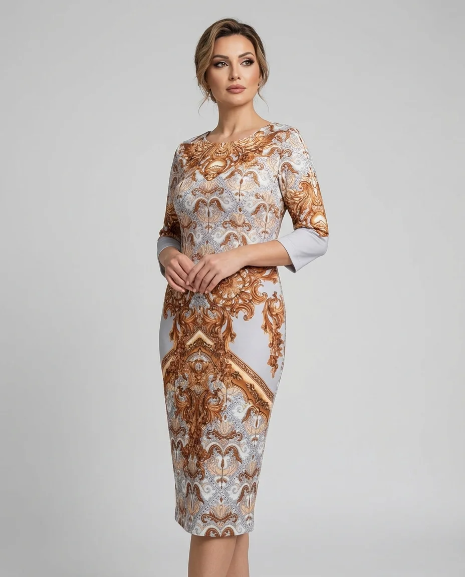 Vestido Midi D'azul com Estampa Barroca Exclusiva