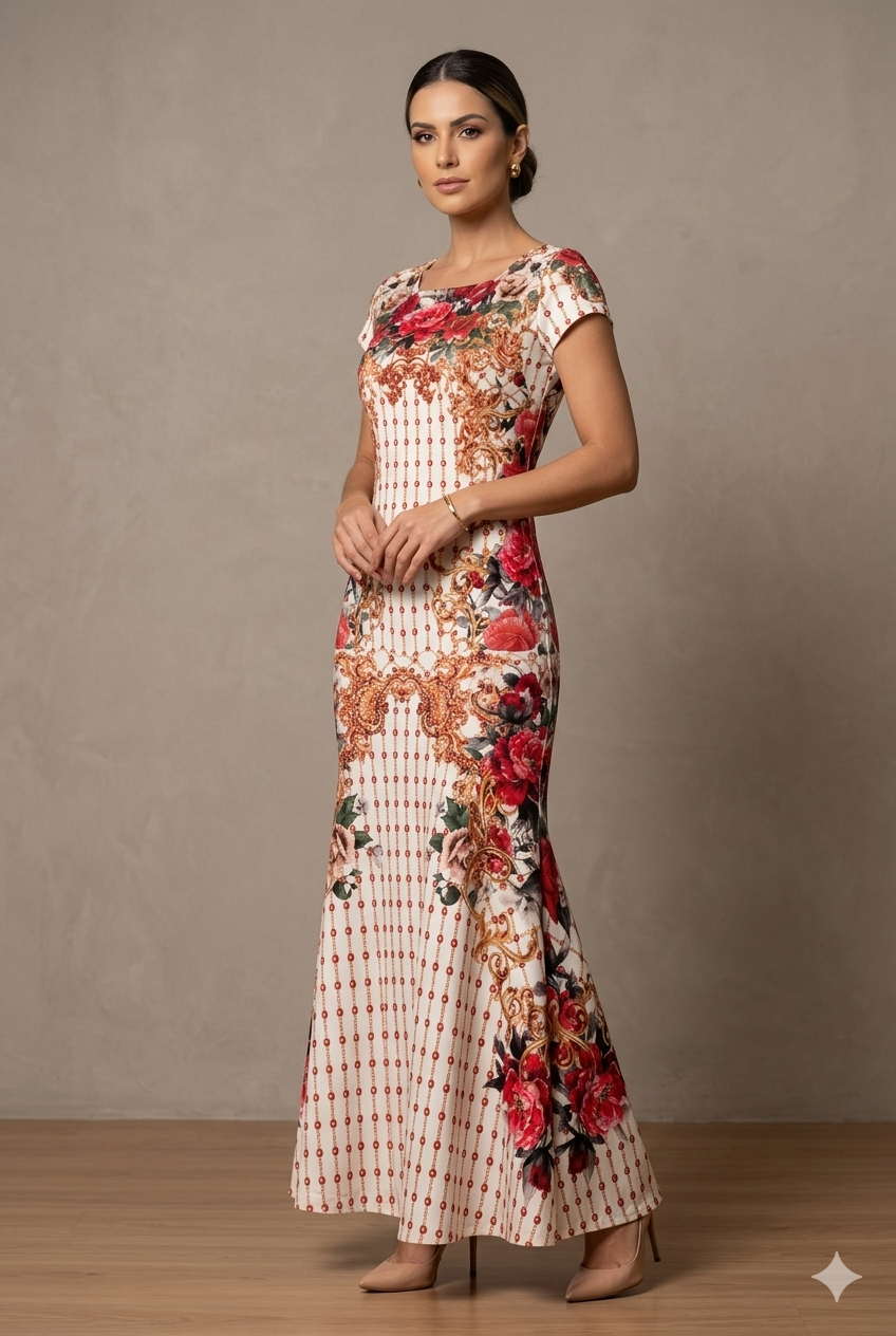 Vestido D'azul Estampado com Detalhes Barrocos